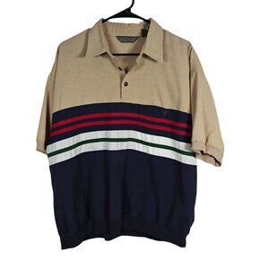 Vintage David Taylor Men's Large Polo Shirt Beige & Navy Striped Short Sleeve